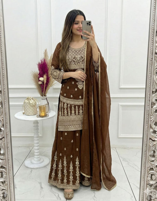 Designer Brown Salwar Kameez with Intricate Zari Work – 3-Piece Readymade Sharara Set – Ethnic Party Wear Dress – Traditional Indian Bridal Guest Ensemble