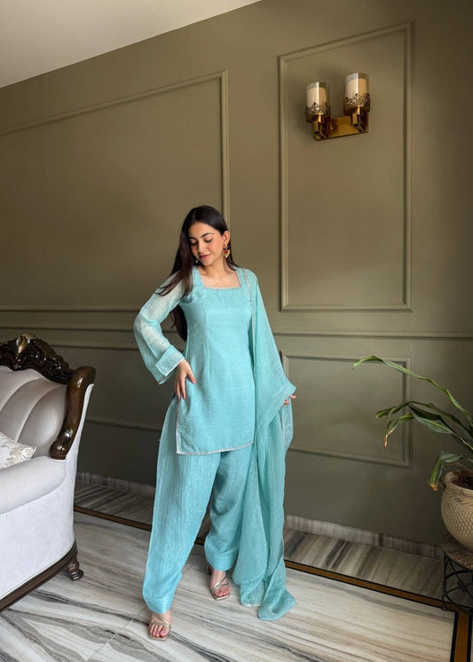 Ice Blue Shimmer Georgette Salwar Suit – Modern Ethnic 3-Piece Set – High-Quality Readymade Garment – Stylish Women’s Formal Traditional Ensemble