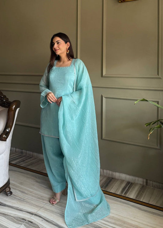 Ice Blue Shimmer Georgette Salwar Suit – Modern Ethnic 3-Piece Set – High-Quality Readymade Garment – Stylish Women’s Formal Traditional Ensemble