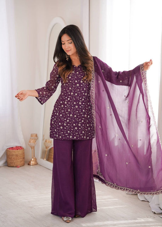 Designer Purple Sharara Suit for Women - Floral Embroidery Work Kurti - Festive Wear Salwar Suit Set - Pakistani Style Occasion Wear