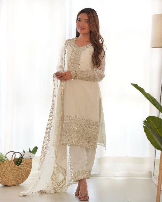 Designer Cream Salwar Suit for Women - Heavy Embroidery and Mirror Work Kurti - Festive Wear Pant Style Suit - Pakistani Style Occasion Wear