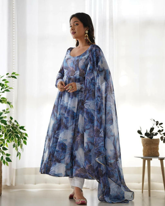 Blue Marble Print Anarkali Suit - Ready to Wear Georgette Long Kurta with Pant and Dupatta Set - Indian Wedding Ethnic Wear - Floral Abstract Gown