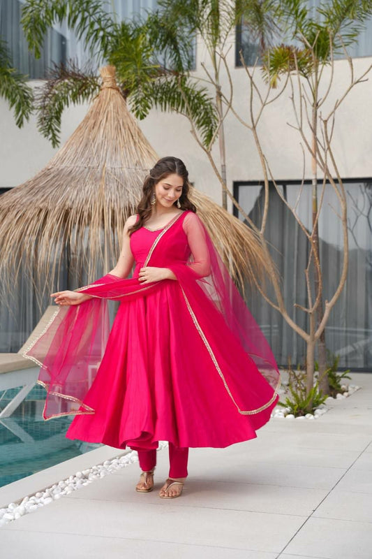 Hot Pink Anarkali Suit - Ready to Wear Designer Silk Gown with Pant and Net Dupatta Set - Indian Wedding Ethnic Wear - Festive Party Wear Dress