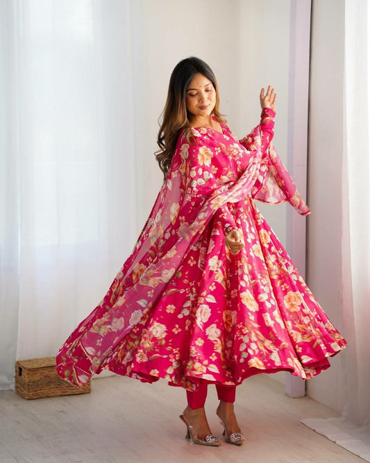 Vibrant Rani Pink Floral Anarkali Suit - Ready to Wear Printed Georgette Gown with Pant and Dupatta Set - Indian Wedding Ethnic Wear - Summer Floral Salwar Kameez