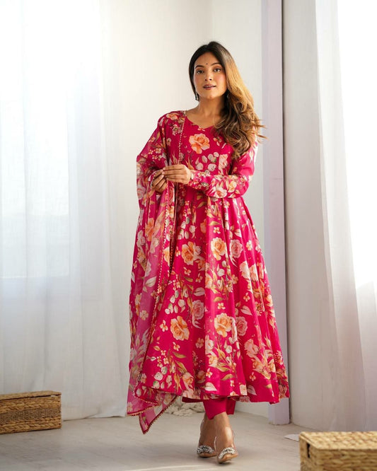 Vibrant Rani Pink Floral Anarkali Suit - Ready to Wear Printed Georgette Gown with Pant and Dupatta Set - Indian Wedding Ethnic Wear - Summer Floral Salwar Kameez