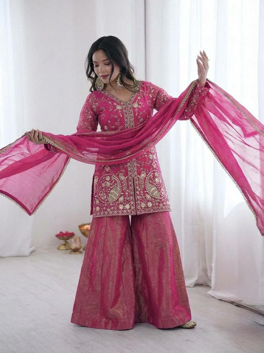 Deep Pink Embroidered Salwar Kameez - Ready to Wear Silk Kurta with Wide Leg Palazzo and Sheer Dupatta - Indian Wedding Ethnic Wear