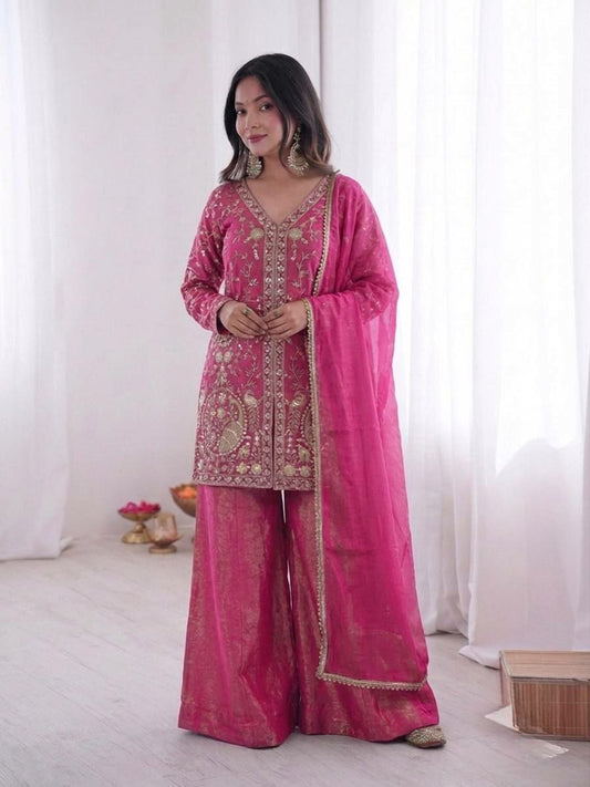 Deep Pink Embroidered Salwar Kameez - Ready to Wear Silk Kurta with Wide Leg Palazzo and Sheer Dupatta - Indian Wedding Ethnic Wear