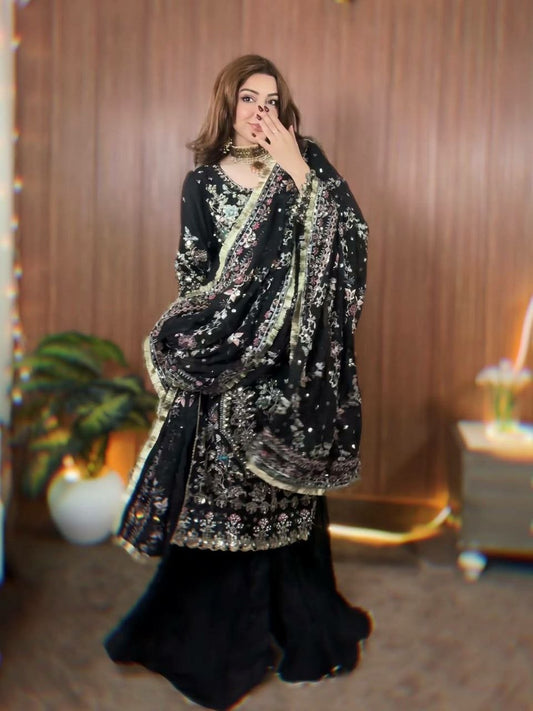 Jet Black Embroidered Salwar Kameez - Ready to Wear Designer Kurta with Sharara and Heavy Dupatta - Indian Wedding Ethnic Wear - Sequin Work Suit