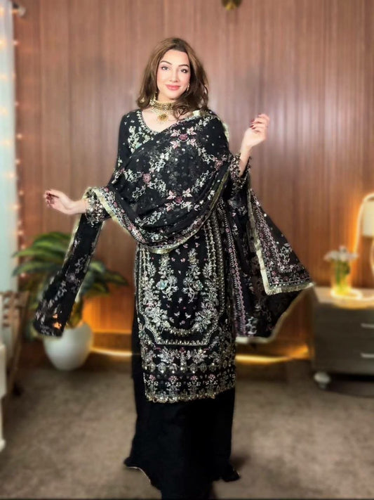 Jet Black Embroidered Salwar Kameez - Ready to Wear Designer Kurta with Sharara and Heavy Dupatta - Indian Wedding Ethnic Wear - Sequin Work Suit