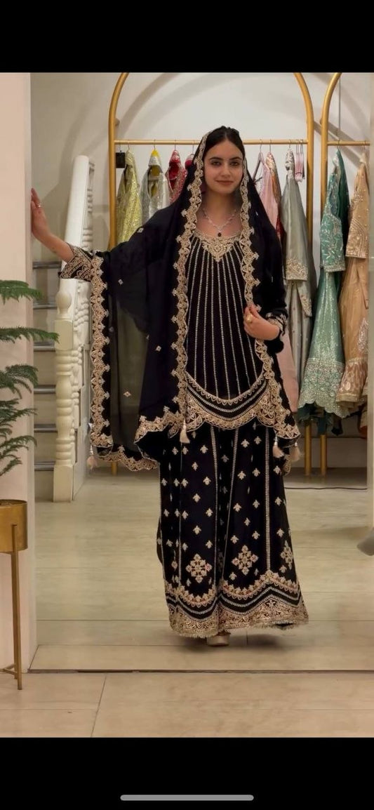 Royal Black & Gold Embroidered Sharara Suit - Ready to Wear Designer Kurta with Heavily Worked Dupatta - Indian Wedding Ethnic Wear - Zari Work Suit