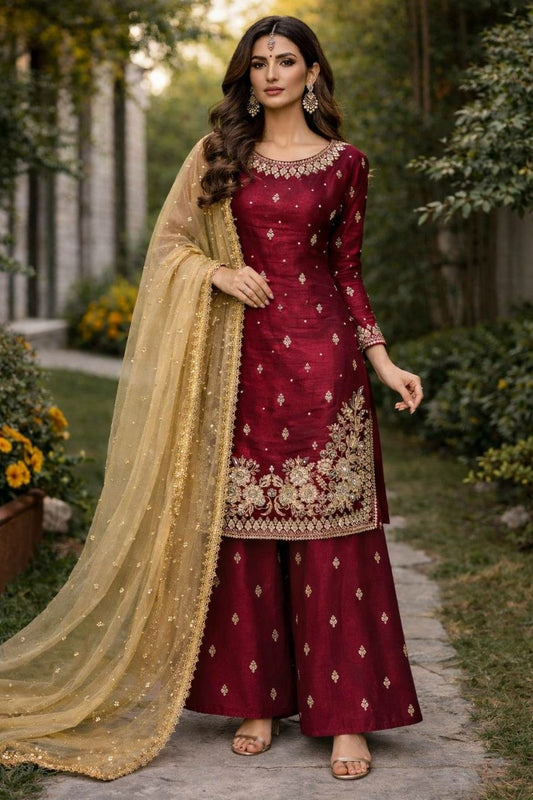 Designer Maroon Salwar Suit with Intricate Gold Floral Embroidery - Luxury Ethnic Wear for Weddings and Festivals - Readymade Indian Dress Set