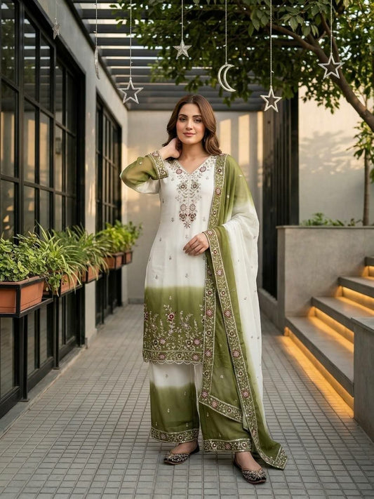 Designer Dual-Tone Embroidered Suit with Mirror Work - White & Olive Green Shaded Kurti with Dupatta - Traditional Indian Party Wear - Ethnic Dress Set