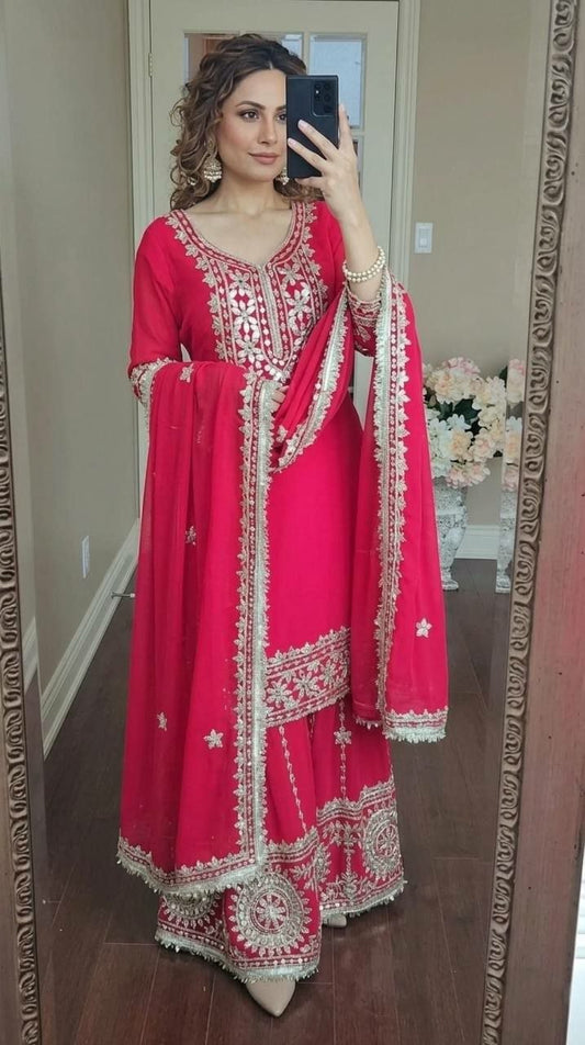 Hot Pink Georgette Sharara Suit with Heavy Gold Zari Work - 3 Piece Designer Salwar Kameez - Indian Wedding Wear - Readymade Ethnic Dress for Women