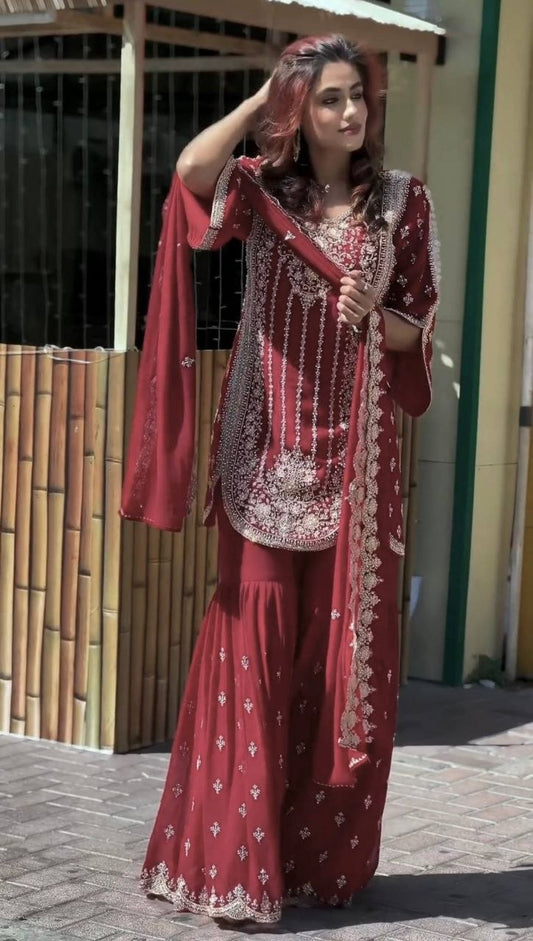 Maroon Georgette Sharara Suit with Heavy Silver Zari Embroidery - 3 Piece Designer Salwar Kameez - Indian Wedding Wear - Readymade Ethnic Dress for Women