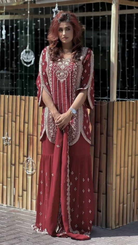 Maroon Georgette Sharara Suit with Heavy Silver Zari Embroidery - 3 Piece Designer Salwar Kameez - Indian Wedding Wear - Readymade Ethnic Dress for Women