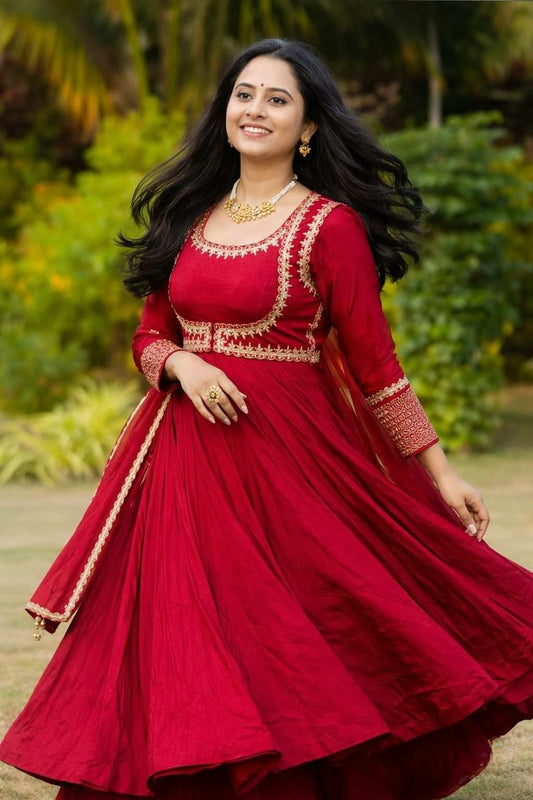 Designer Red Anarkali Dress with Intricate Gold Border Work - Luxury Silk Ethnic Wear for Weddings - Readymade Indian Floor Length Gown Set