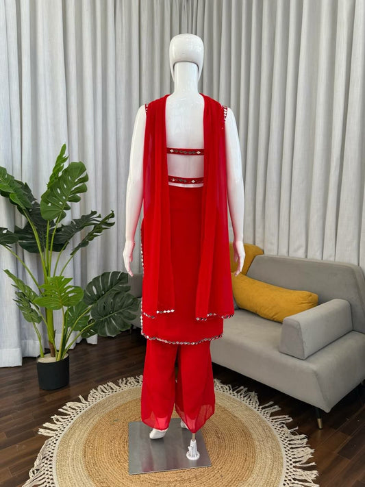 Vibrant Red Georgette Palazzo Suit with Mirror Work - Sleeveless Strappy Kurta Set - Indian Ethnic Wear for Women - Readymade Party Wear Outfit