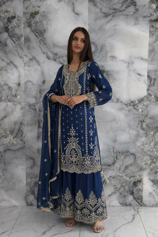 Navy Blue Georgette Sharara Suit with Heavy Silver Zari Embroidery - 3 Piece Designer Salwar Kameez - Indian Wedding Wear - Readymade Ethnic Dress