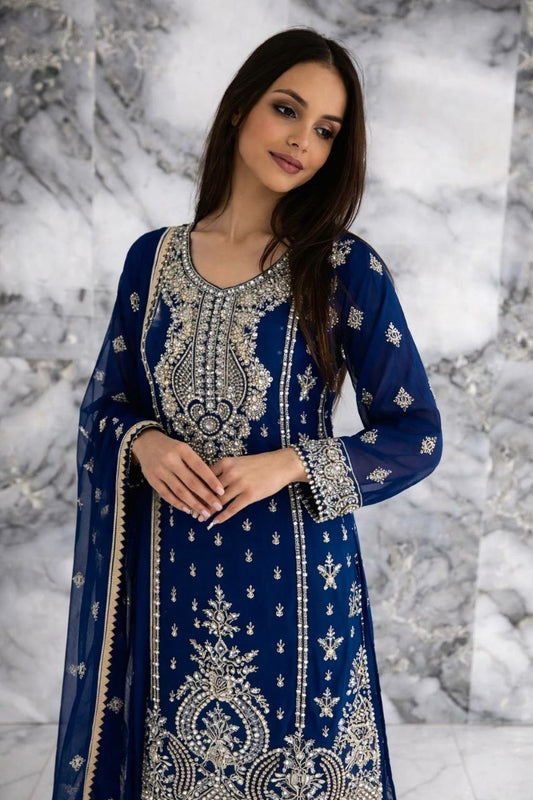 Navy Blue Georgette Sharara Suit with Heavy Silver Zari Embroidery - 3 Piece Designer Salwar Kameez - Indian Wedding Wear - Readymade Ethnic Dress
