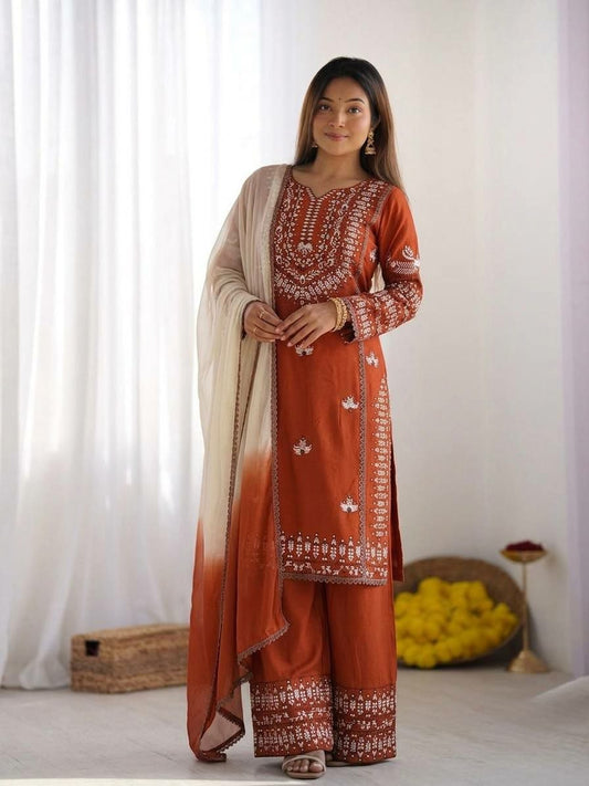Designer Burnt Orange Salwar Suit with Intricate Floral Embroidery - Luxury Ethnic Wear for Festivals - Readymade Indian Palazzo Set with Shaded Dupatta