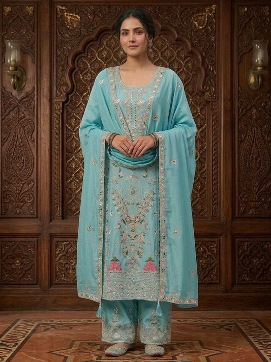 Sky Blue Embroidered Salwar Kameez Set | Gota Patti & Zardosi Work Silk Kurta | Pakistani Style Palazzo Suit with Dupatta | Wedding Guest Ethnic Wear