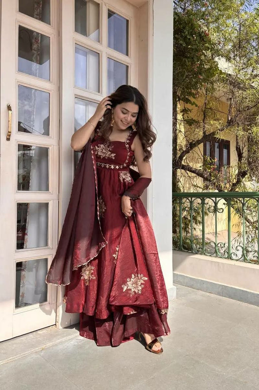 : Deep Red Embroidered Anarkali Suit | Floral Silk Long Kurta with Sharara Pants | Traditional Ethnic Wear for Weddings | Festive Indian Outfit with Dupatta
