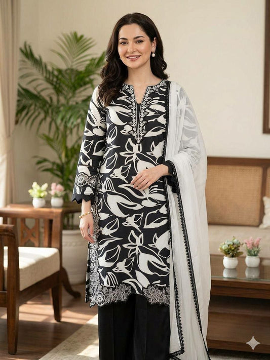 Designer Monochrome Floral Kurti Set | Intricate Lace Embroidery & Leaf Print | Luxury Party Wear Ethnic Outfit | Elegant Summer Wedding Guest Suit