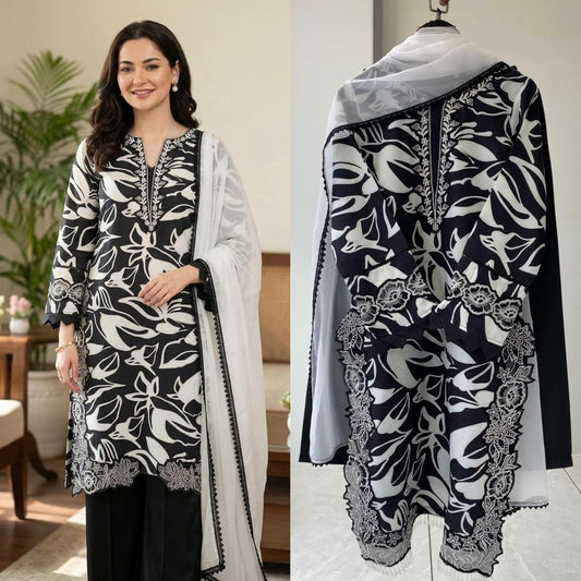 Designer Monochrome Floral Kurti Set | Intricate Lace Embroidery & Leaf Print | Luxury Party Wear Ethnic Outfit | Elegant Summer Wedding Guest Suit
