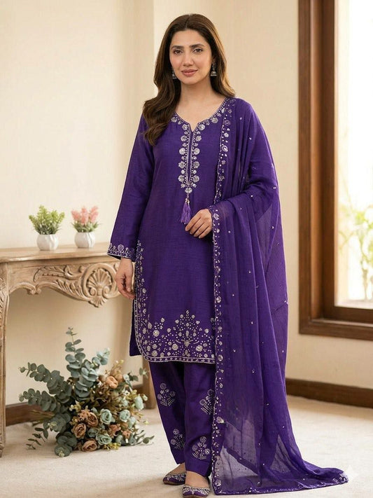 Designer Grape Purple Kurta Set | Intricate Silver Zari & Sequin Work | Punjabi Style Salwar Suit | Luxury 3-Piece Ethnic Ensemble for Women