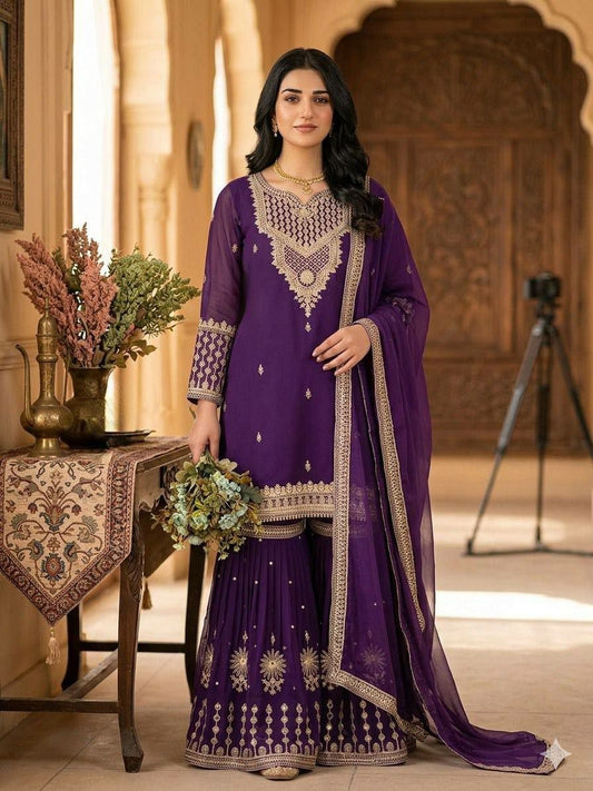 Deep Purple Embroidered Sharara Dress | Intricate Golden Floral Embroidery & Sequin Work | Luxury Party Wear Ethnic Suit | Reception & Sangeet Wear for Women