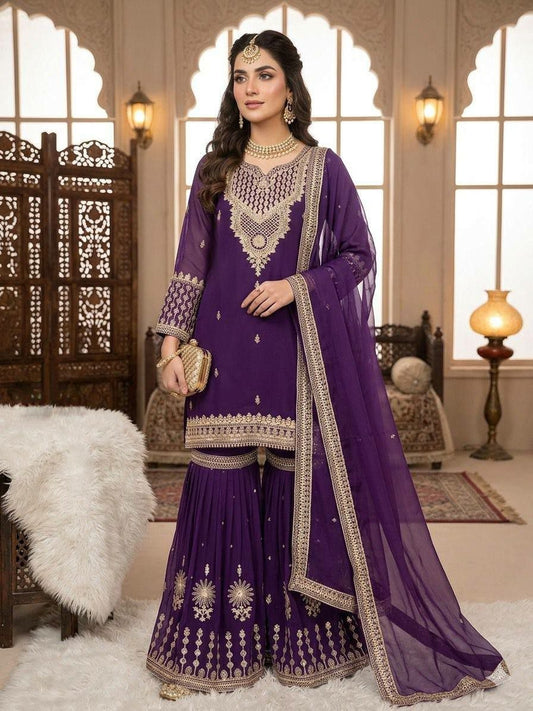 Deep Purple Embroidered Sharara Dress | Intricate Golden Floral Embroidery & Sequin Work | Luxury Party Wear Ethnic Suit | Reception & Sangeet Wear for Women