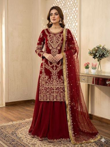 Luxury Maroon Velvet Sharara Suit | Heavy Golden Zari Embroidered Kurta with Lehenga Skirt | Traditional Indian Bridal Guest Outfit | Festive Pakistani Wedding Wear