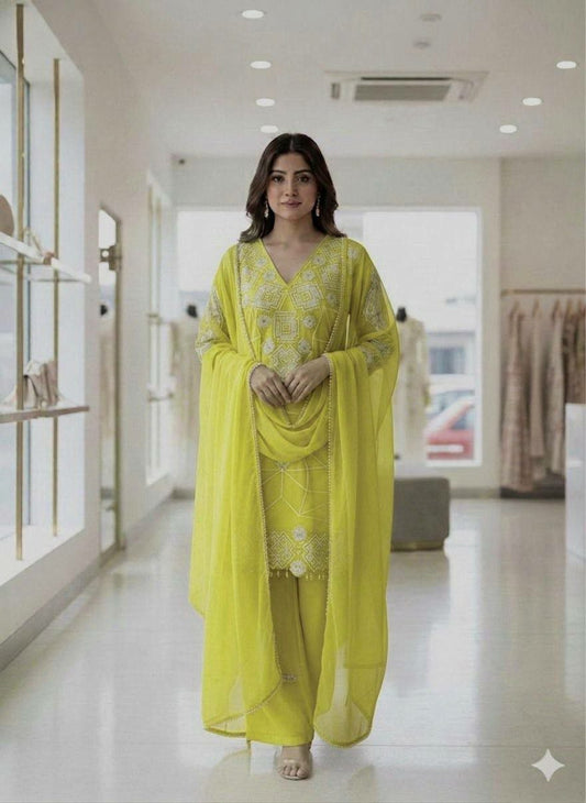 Designer Neon Green Kurti Set | Intricate White Thread Work & Geometric Embroidery | Luxury Party Wear Ethnic Suit | Chartreuse Occasion Wear for Women