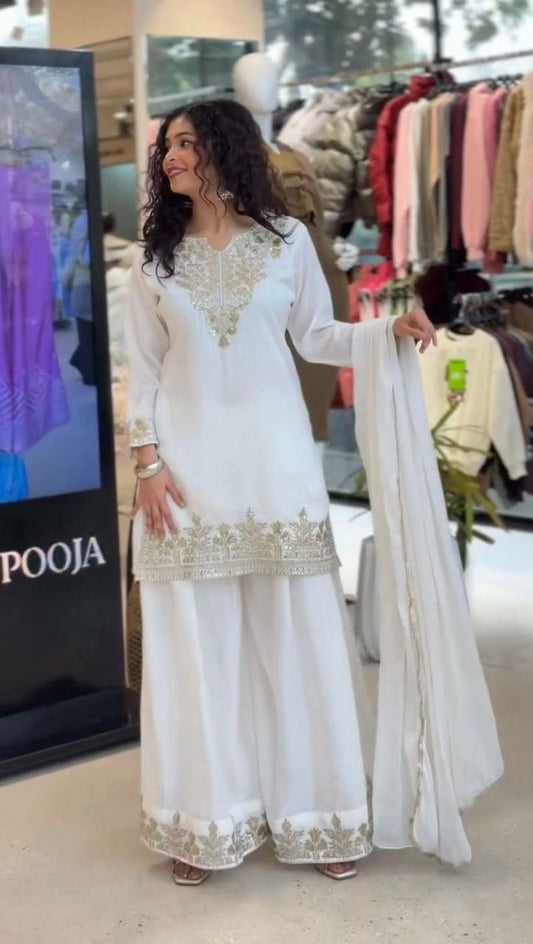 Modern White Embroidered Tunic | Chiffon Dupatta with Heavy Gold Border | Traditional Gota Patti Work | Sophisticated Summer Festive Occasion Wear