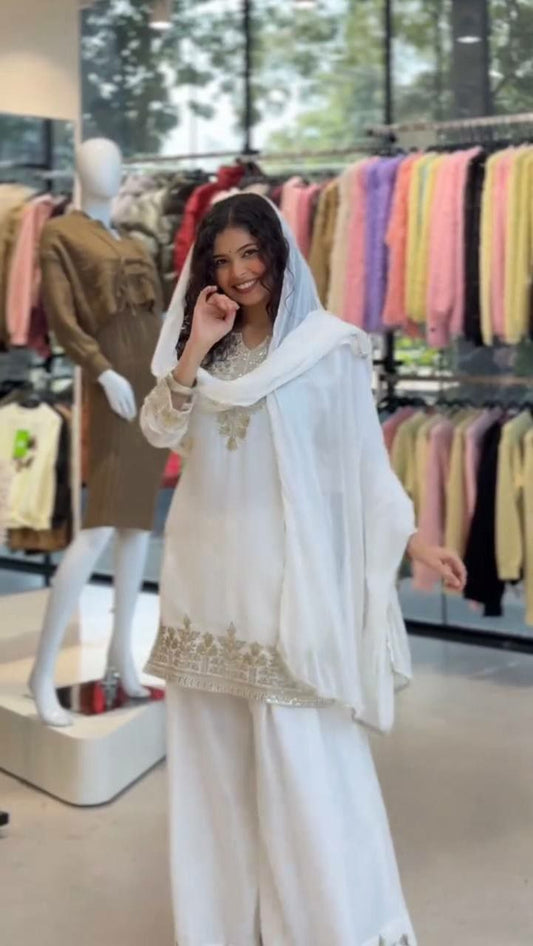 Modern White Embroidered Tunic | Chiffon Dupatta with Heavy Gold Border | Traditional Gota Patti Work | Sophisticated Summer Festive Occasion Wear