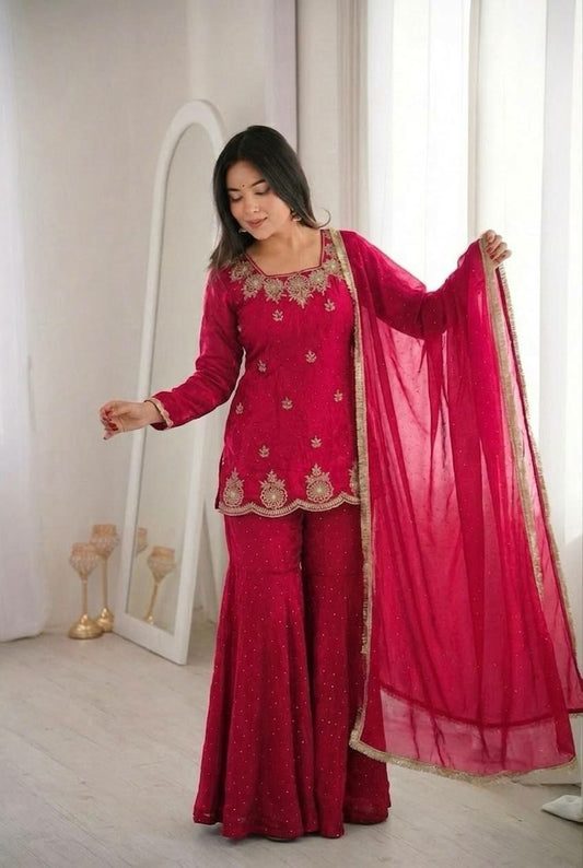 Deep Magenta Embroidered Sharara Dress | Intricate Golden Floral Embroidery & Scalloped Hem | Luxury Party Wear Ethnic Suit | Sangeet and Reception Wear for Women