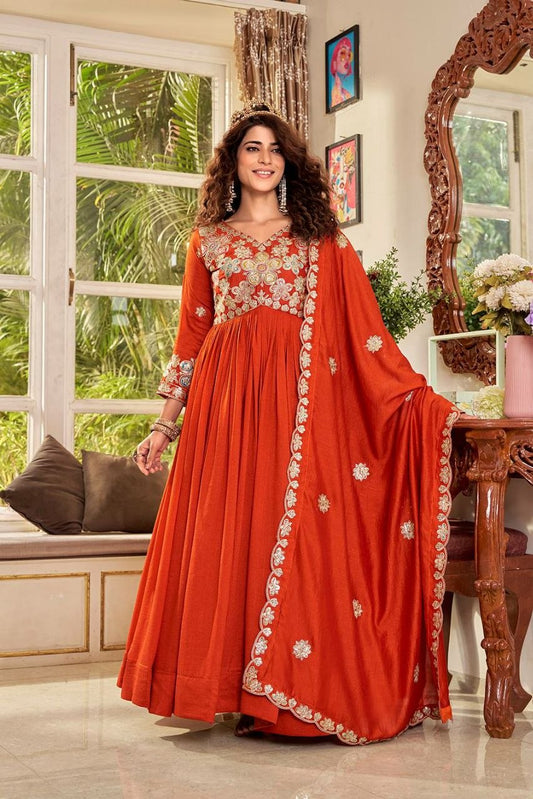 Modern Terracotta Embroidered Maxi Suit | Chiffon Dupatta with Scalloped Floral Border | Traditional Gota Patti Style Detail | Sophisticated Sangeet and Reception Wear