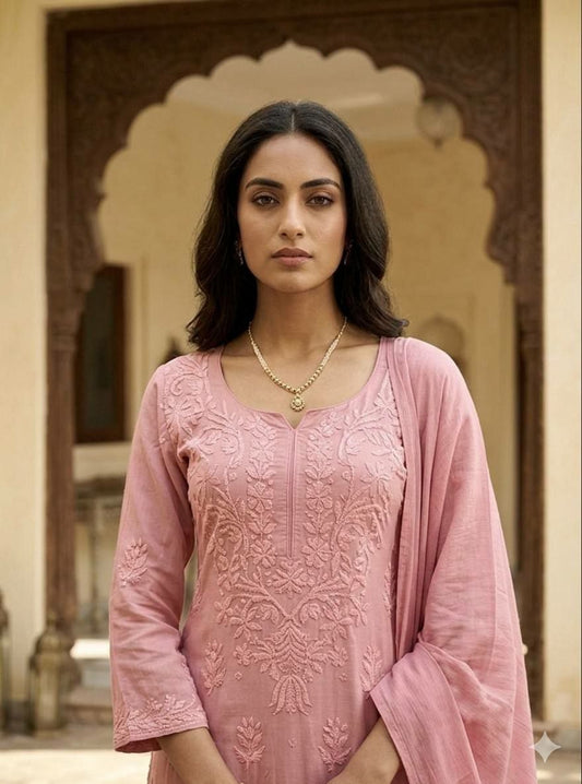 Enchanted Pink Floral Threadwork Ensemble | Timeless Traditional Silhouette with Delicate Embroidery | Soft Pastel Traditional Apparel for Daytime Celebrations