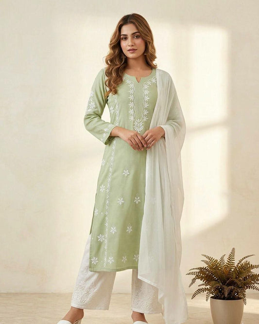Enchanted Meadow Green Floral Threadwork Ensemble | Timeless Traditional Silhouette with Delicate Embroidery | Soft Pastel Traditional Apparel for Daytime Celebrations