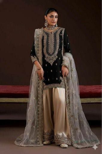 Luxury Black Silk Kurti with Contrast Beige Palazzo | Intricate Zari Work & Turquoise Accents | Elegant Party Wear Ethnic Suit | Floor Length Palazzo Set for Women