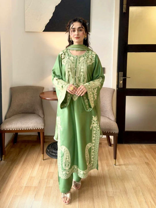 Olive Green Embroidered Salwar Kameez Set | Heavy Paisley Thread Work Silk Kurta with Straight Pants | Traditional Indian Wedding Guest Outfit | 3-Piece Pakistani Style Festive Ensemble