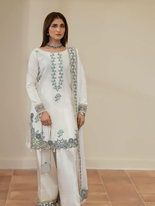 Chic Off-White Embroidered Palazzo Set | High-Fashion Traditional Wardrobe Essential | Sophisticated Silk Suit with Intricate Floral Needlework