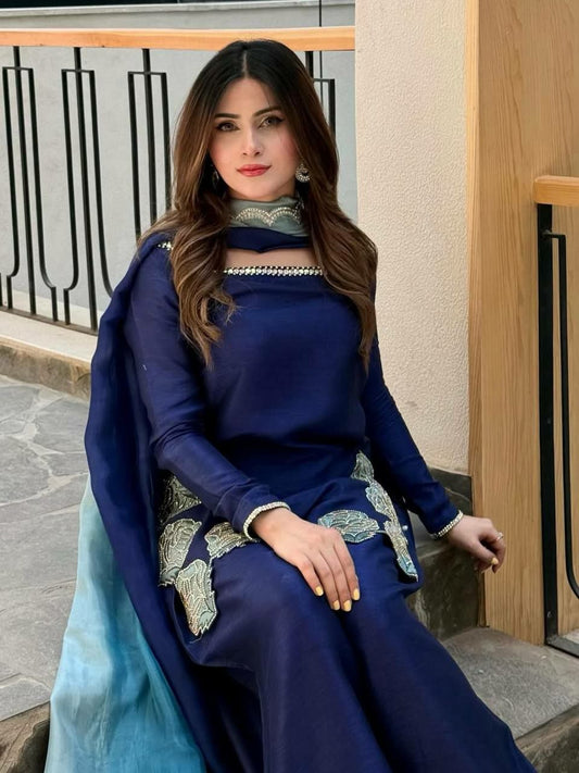Designer Royal Navy Blue Salwar Kameez Set | Heavy Scalloped Floral Embroidery Silk Kurta with Wide Leg Palazzo | Traditional Indian Wedding Guest Outfit | 3-Piece Pakistani Style Festive Wear