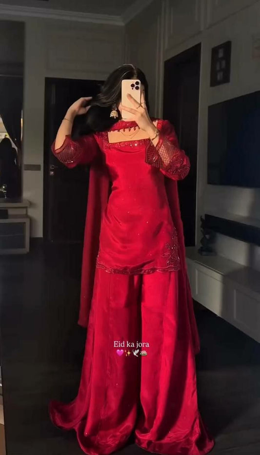 Designer Red Silk Kurta Set with Net Sleeves and Matching Dupatta