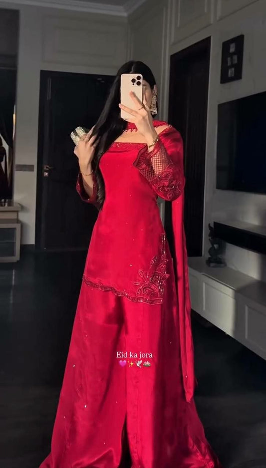 Designer Red Silk Kurta Set with Net Sleeves and Matching Dupatta