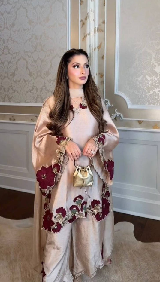 Royal Beige Silk Co-ord Set with Bold Maroon Floral Appliqué