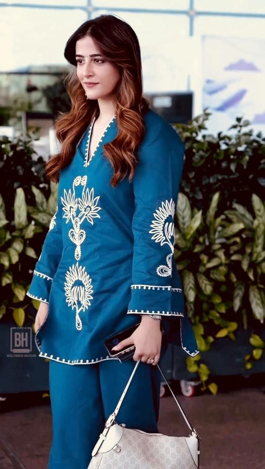 Royal Peacock Blue Silk Co-ord Set with Elegant White Thread Work