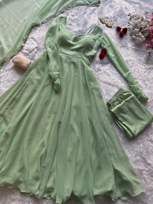 Classic Ethnic Pastel Ensemble: Floor-Length Gown with Ruched Sleeves