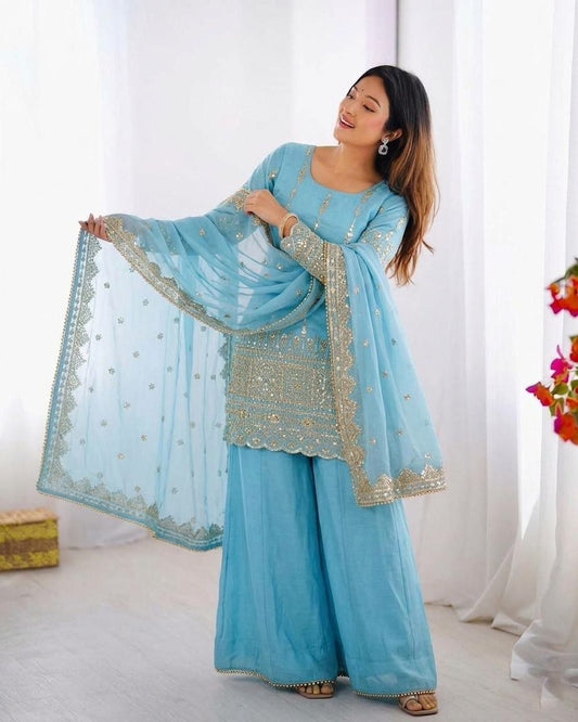 Designer Blue Sharara Set - Heavy Sequin and Thread Work Salwar Suit - Traditional Indian Occasion Wear for Women