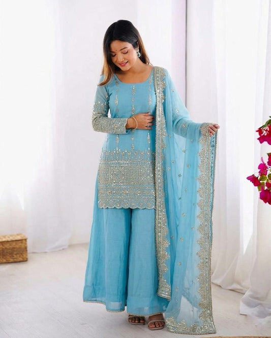 Designer Blue Sharara Set - Heavy Sequin and Thread Work Salwar Suit - Traditional Indian Occasion Wear for Women
